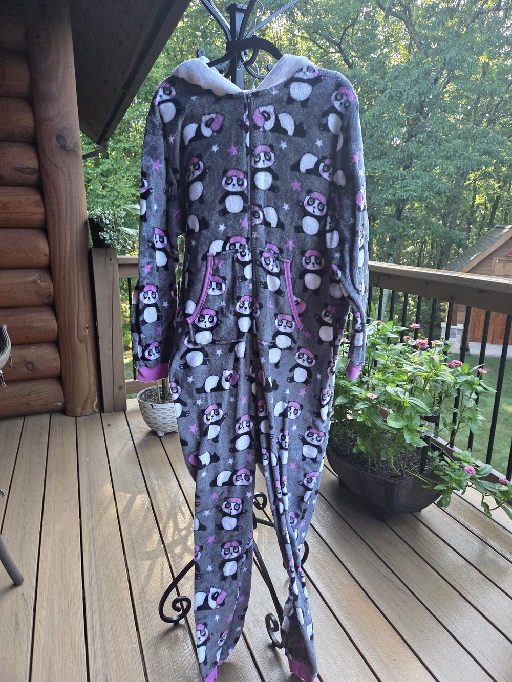 Holiday Time Gray Panda Print Hooded Onesie with Pink Accents